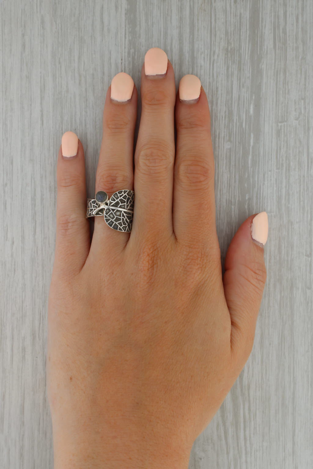 Rosy Brown Labradorite Leaf Wrap Ring Sterling Silver Size 8 Statement