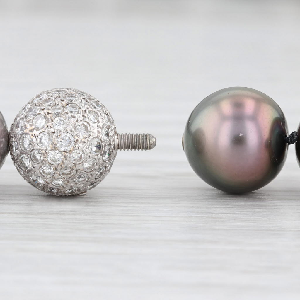 1.70ctw Pave Diamond Bead Clasp Black Cultured Pearl Strand Necklace 14k Gold