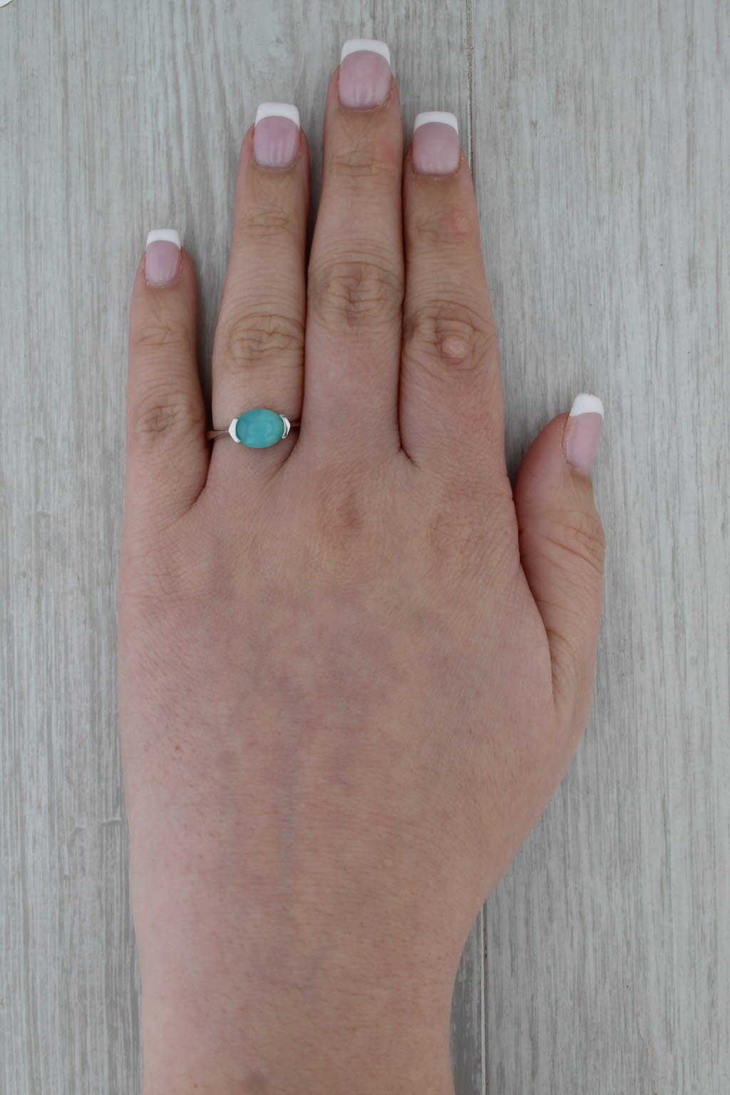 Teal Common Opal Oval Cabochon Solitaire Ring 14k White Gold Size 7