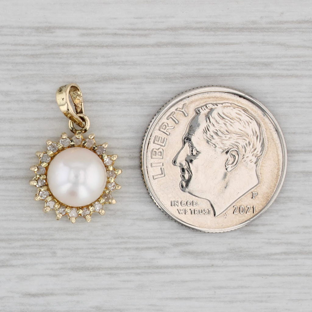 Gray Cultured Pearl Diamond Halo Pendant 14k Yellow Gold Small Drop