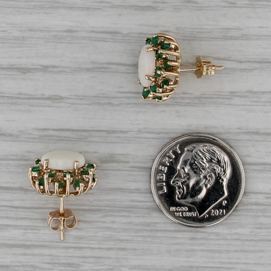 Oval Opal Emerald Halo Stud Earrings 10k Yellow Gold