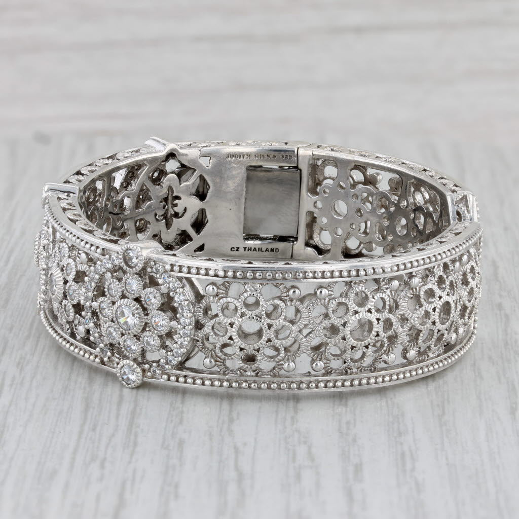 Gray Ornate Judith Ripka Flower Cuff Bracelet Sterling Silver Cubic Zirconia 6.5"