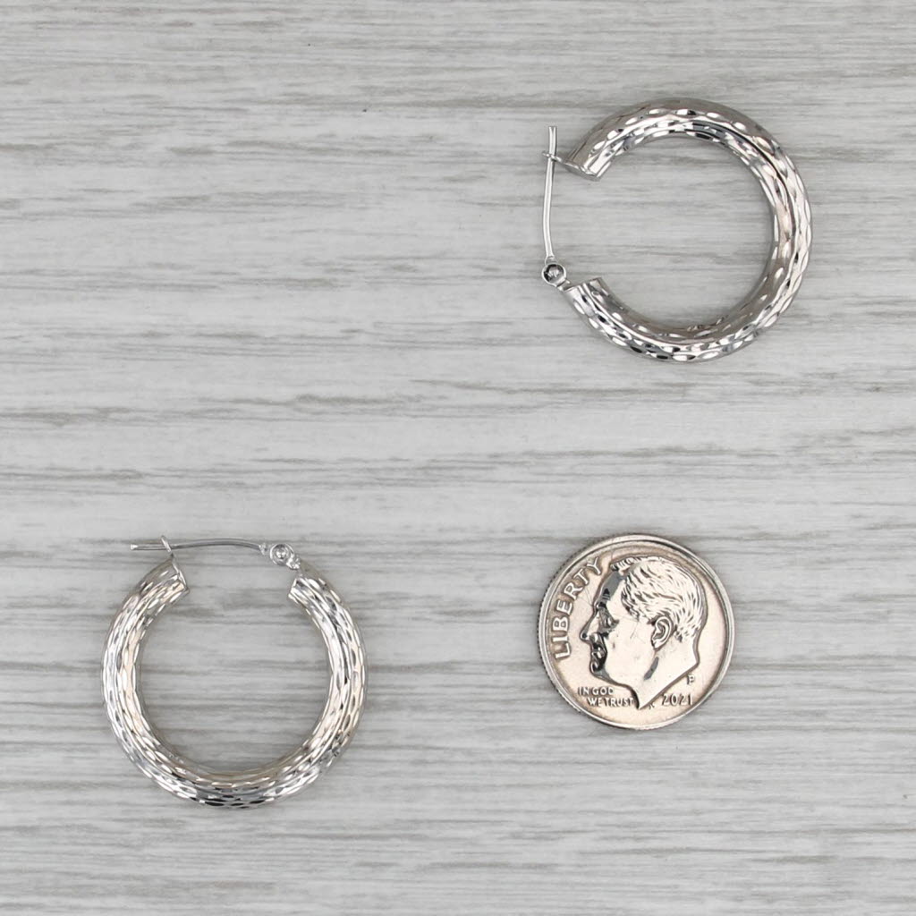 Textured 14k White Gold Hoop Earrings Snap Top Round Hoops