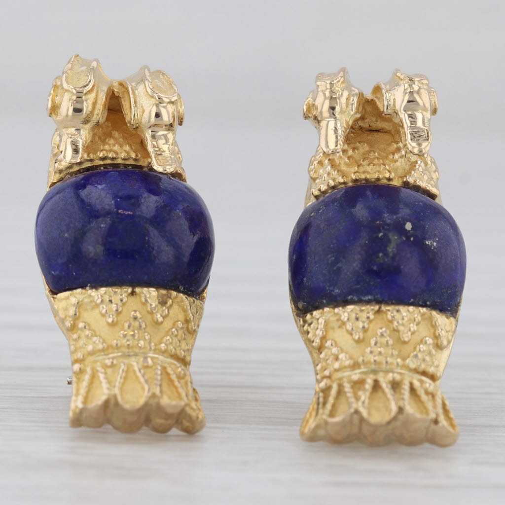 Gray Vintage Blue Lapis Lazuli Double Bird Drop Earrings 18k Yellow Gold Omega Backs
