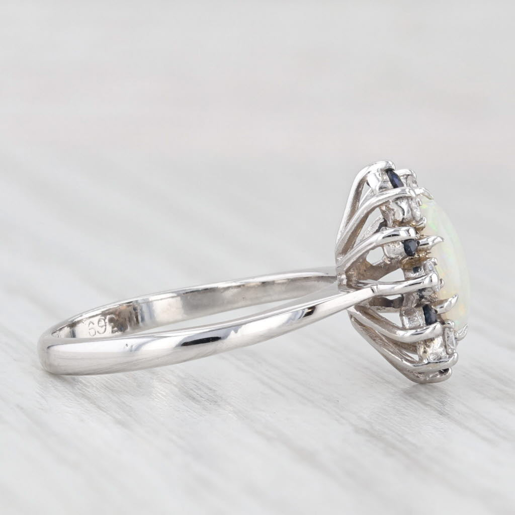 Light Gray Opal Cabochon Sapphire Diamond Halo Ring 14k White Gold Size 6