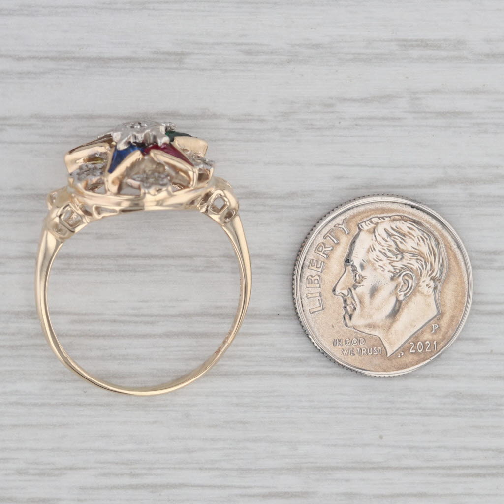 Gray Vintage Order Eastern Star Masonic Ring 10k Gold Diamonds Lab Created Gemstones