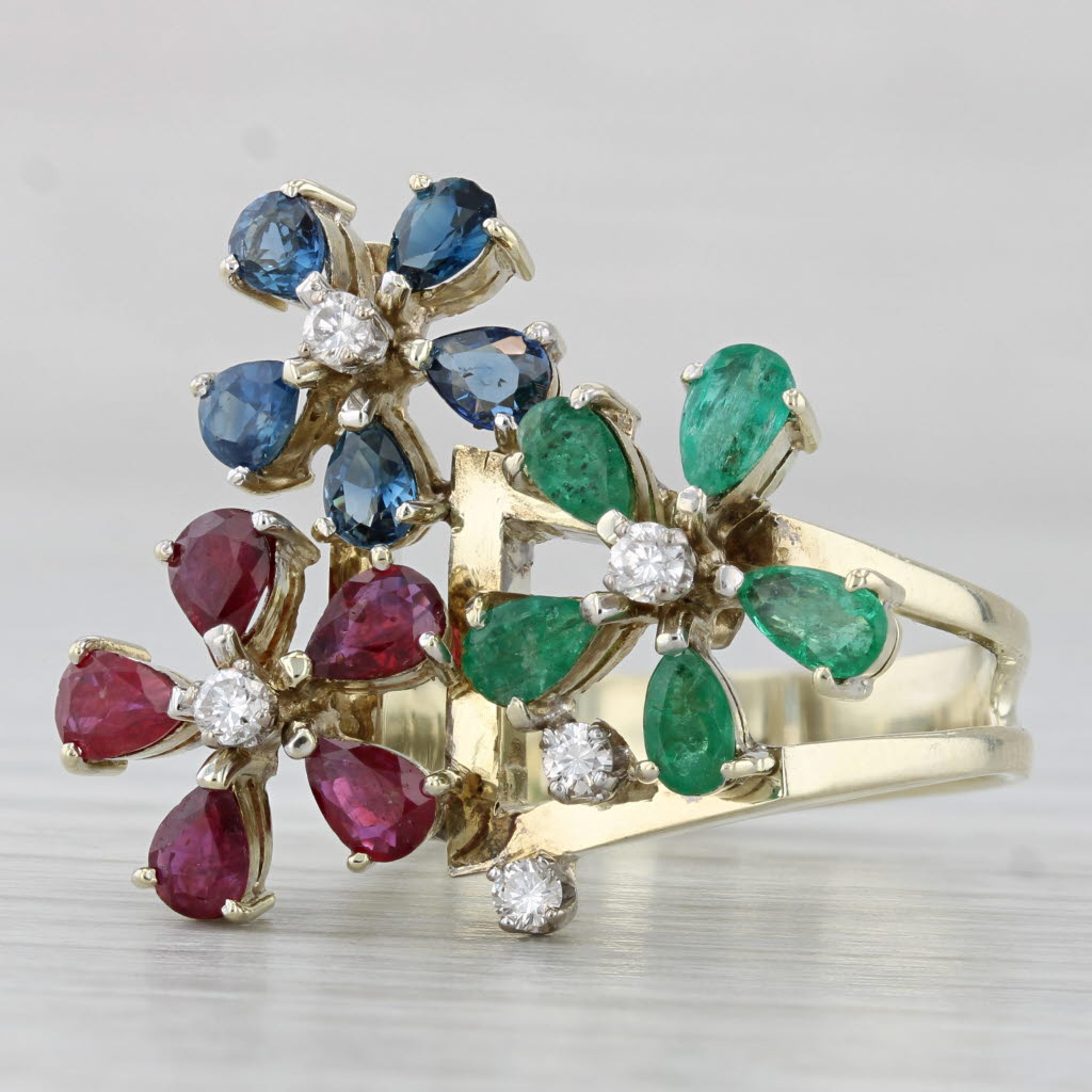 Light Gray 3.09ctw Gemstone Flower Ring 14k Gold Emerald Ruby Sapphire Diamond Size 6.5