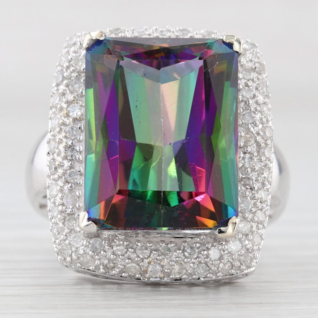 Light Gray 16.80ctw Mystic Topaz Diamond Halo Ring 14k White Gold Size 7.25 Cocktail
