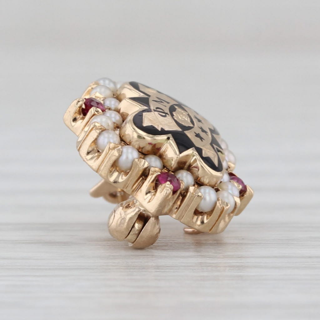 Phi Mu Badge 14k Gold Seed Pearls Synthetic Rubies Vintage Sorority Pin