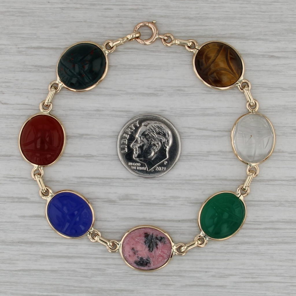 Carved Scarab Stone Bracelet 14k Gold Tiger's Eye Bloodstone Quartz Carnelian