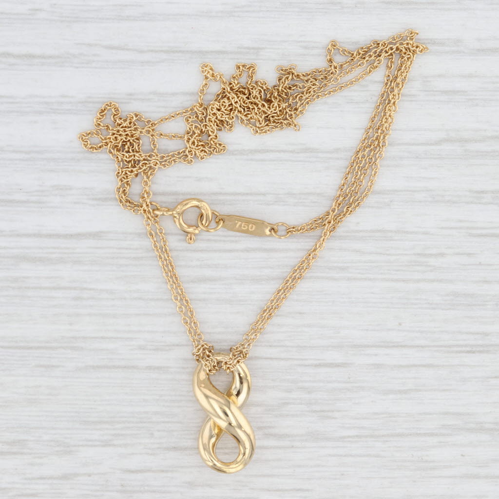 Light Gray Tiffany & Co Infinity Knot Pendant Necklace w/ Pouch 18k Yellow Gold 15.25"