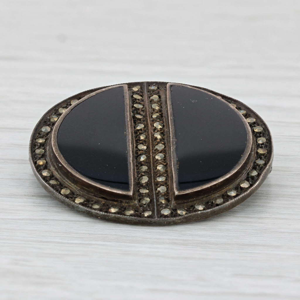 Dark Slate Gray Onyx Marcasite Vintage Brooch Sterling Silver Round Circle Statement Pin