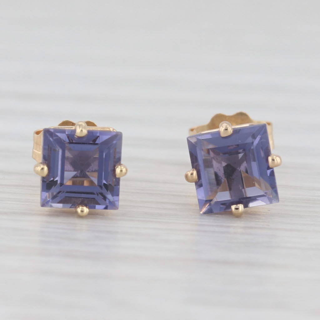 Light Gray 1.14ctw Purple Blue Iolite Stud Earrings 14k Yellow Gold Princess Solitaires
