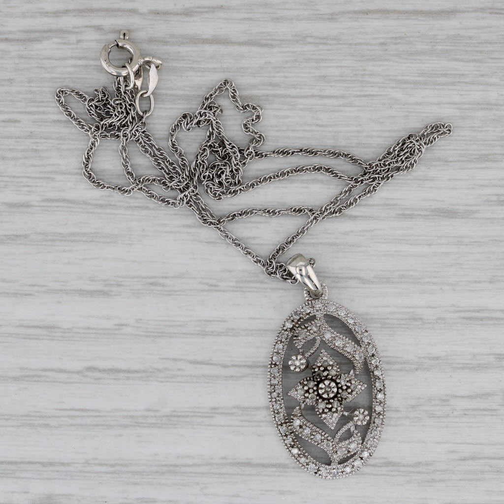 Gray 0.20ctw Diamond Flower Pendant Necklace Sterling Silver 18" Rope Chain