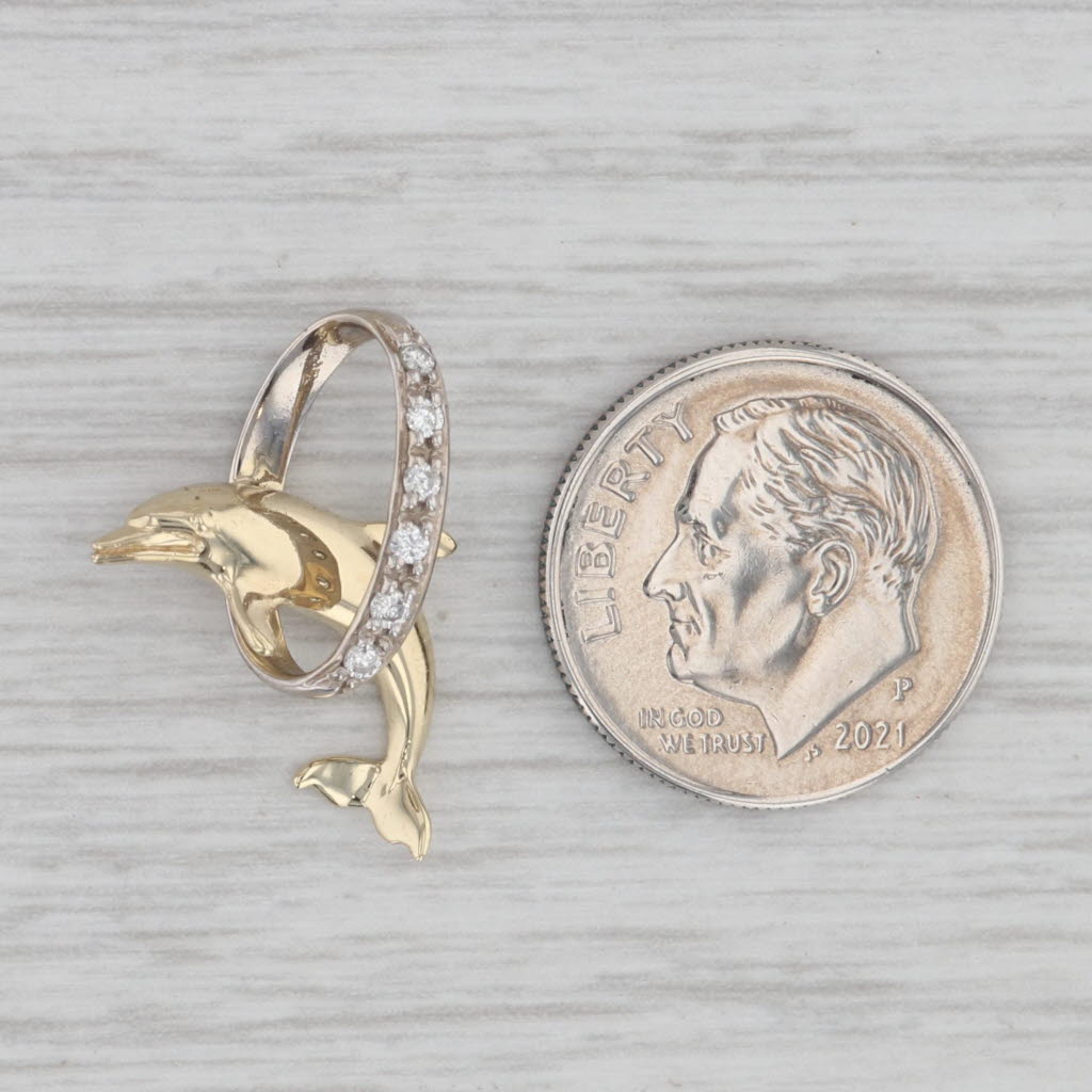Gray Dolphin Jumping through Diamond Hoop Pendant 14k White Yellow Gold