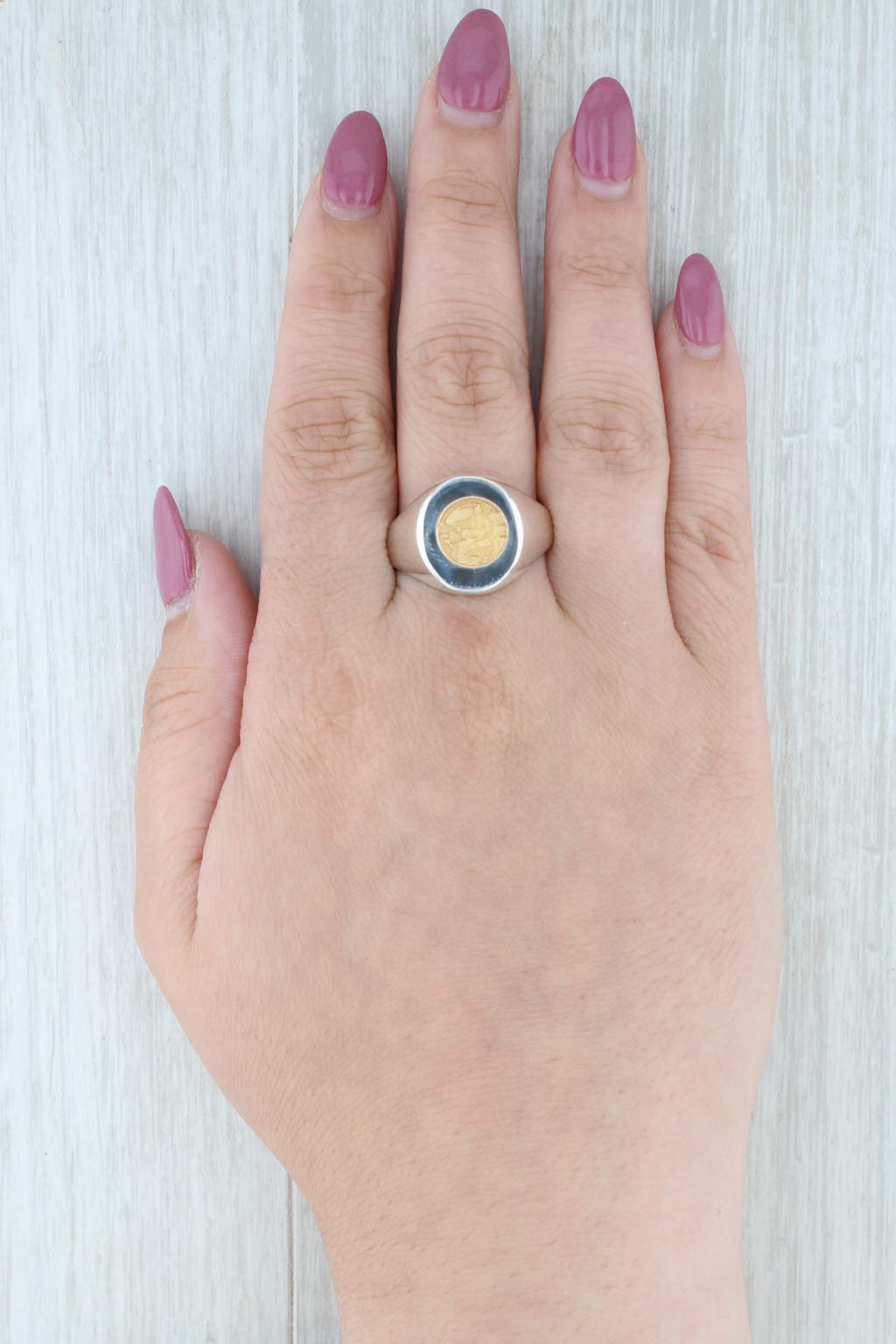 Light Gray Eureka Coin Signet Ring Sterling Silver 14k Gold Size 12 Men's
