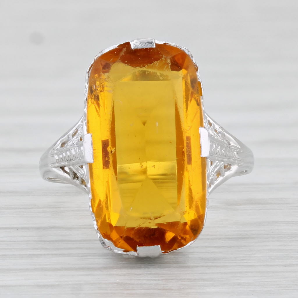 Light Gray Orange Yellow Glass Ring Vintage Filigree 14k White Gold Size 6