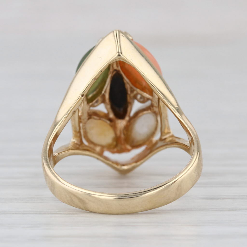 Coral Jade Cabochons Cluster Ring 14k Yellow Gold Size 6 Diamond Accents