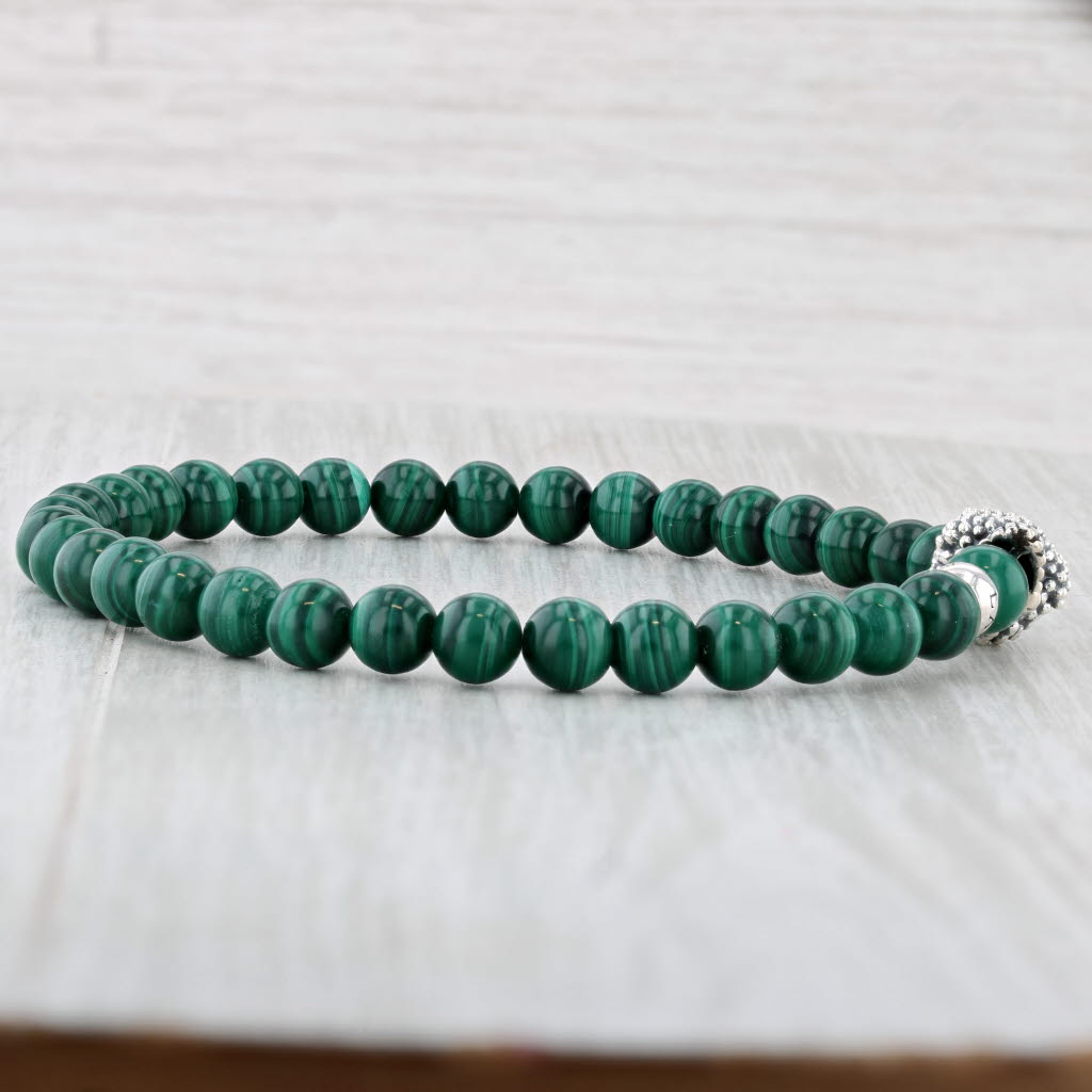 New Lagos Caviar Malachite Skull Bead Bracelet Pouch Sterling Silver 05-81388-W8