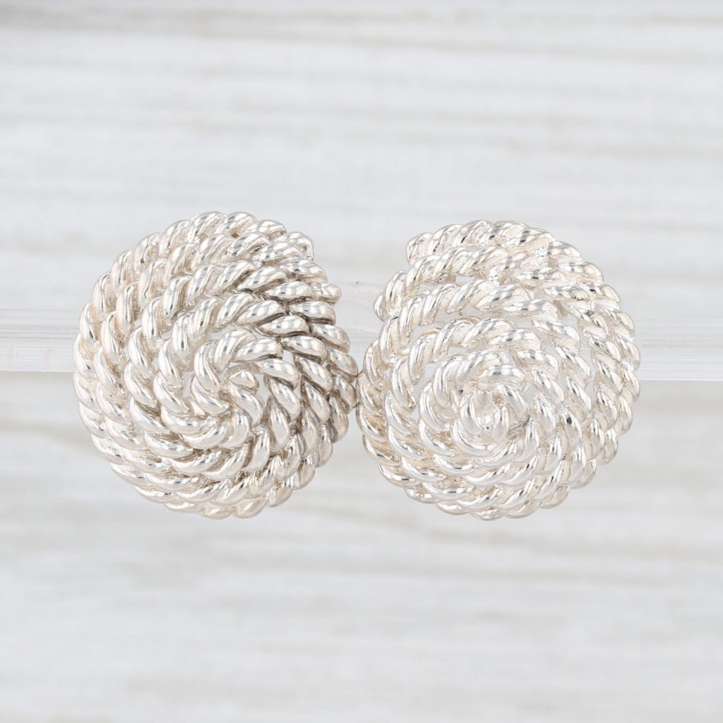 Rope Swirl Button Stud Earrings Sterling Silver Omega Backs