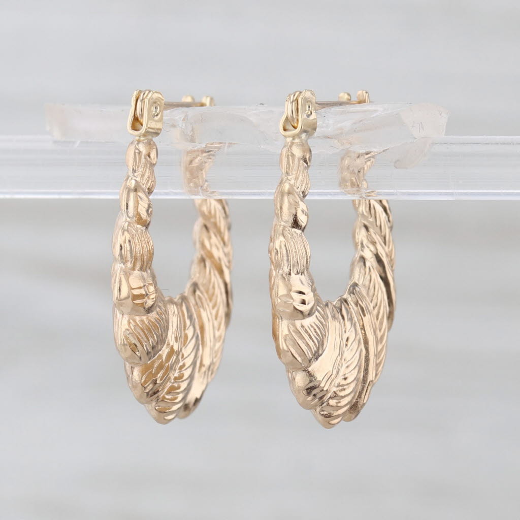 Scalloped Croissant Hoop Earrings 14k Yellow Gold Snap Top Oval Hoops