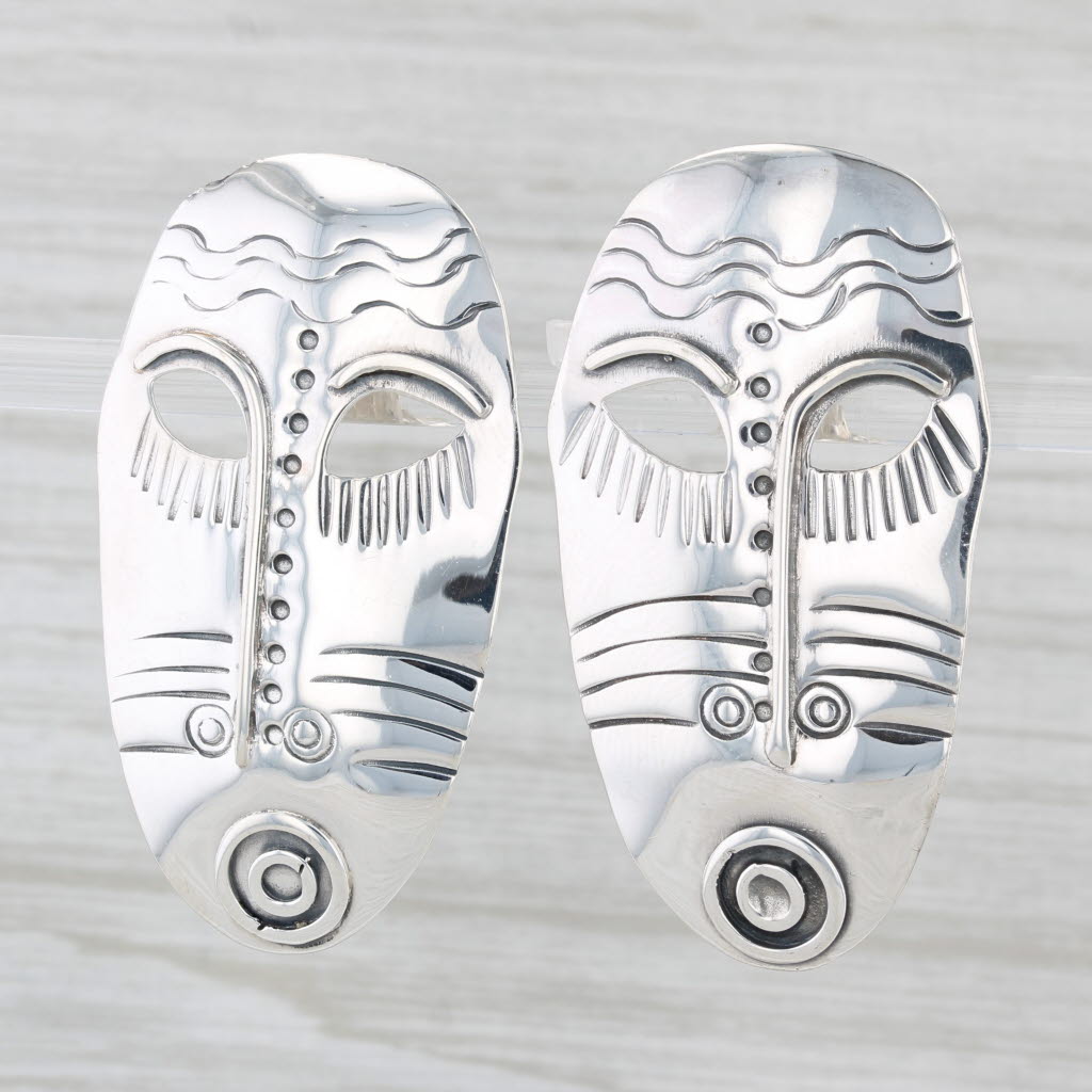 Light Gray Woods Tribal Mask Statement Earrings Sterling Silver Vintage Drops