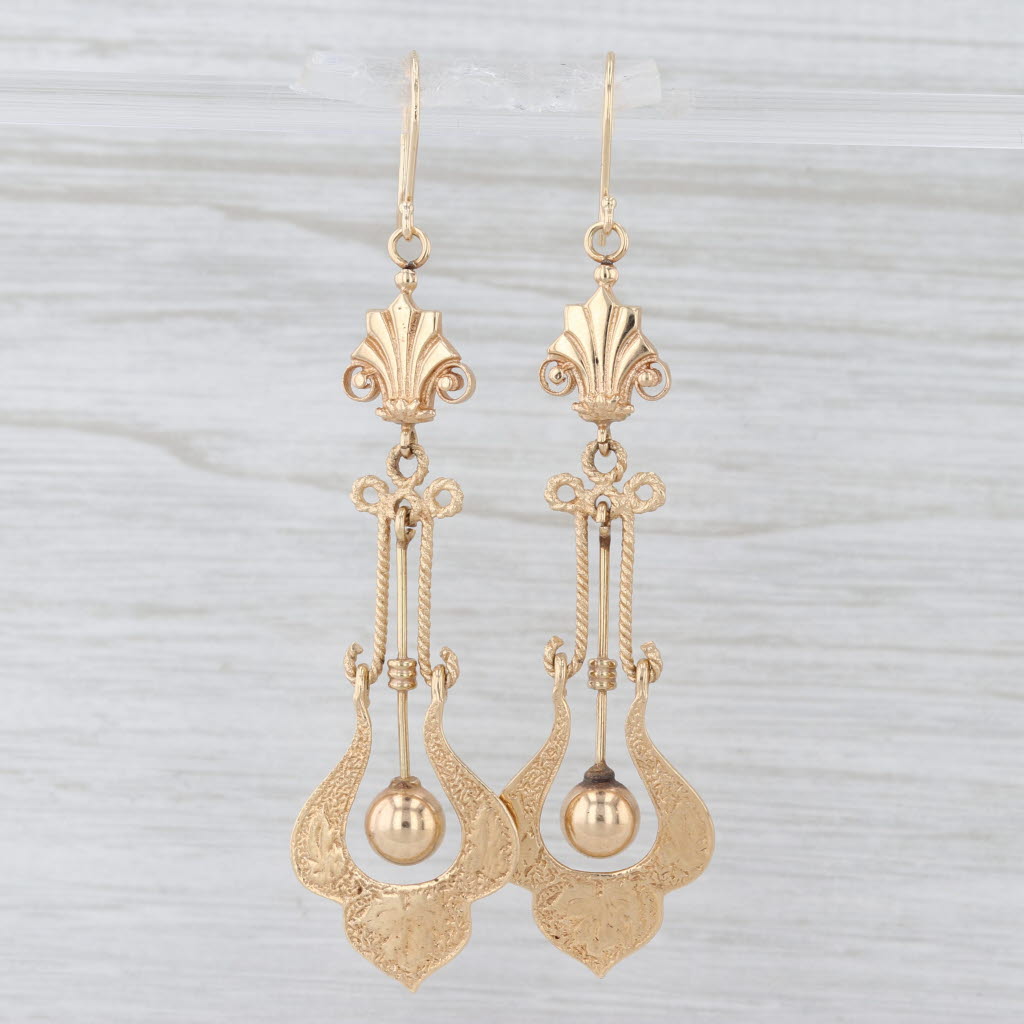 Ornate Floral Antique Dangle Earrings 14k Yellow Gold New Hook Posts