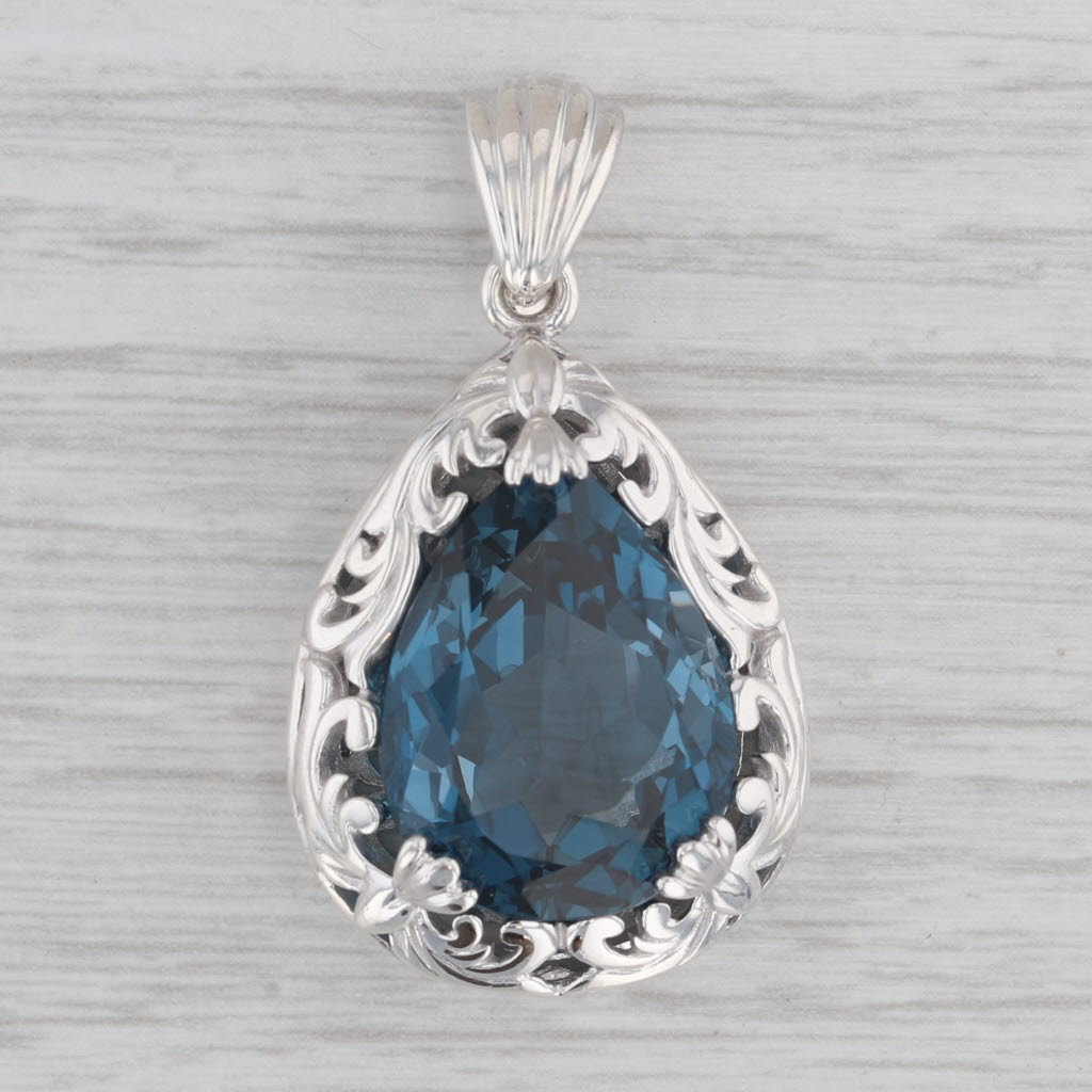 Gray 21.75ct London Blue Topaz Teardrop Pendant Sterling Silver Floral Statement