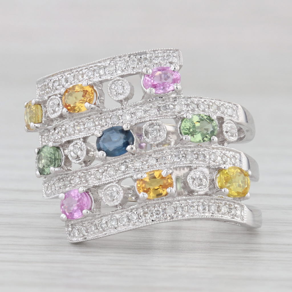 Light Gray 2.38ctw Sapphire Diamond Layered Cocktail Ring 14k White Gold Size 9 Benham