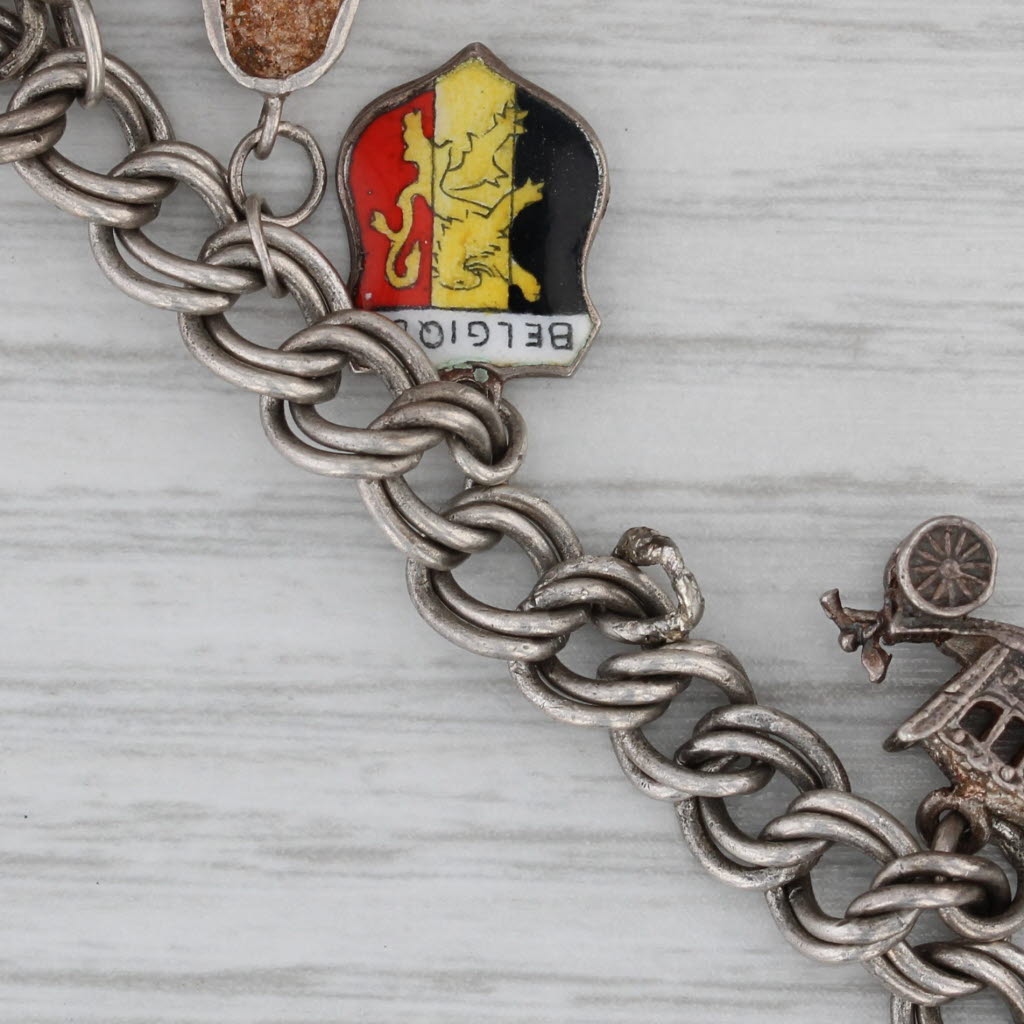 Gray Vintage Mixed Themed Charm Bracelet Sterling Silver Enamel Souvenir British 6"