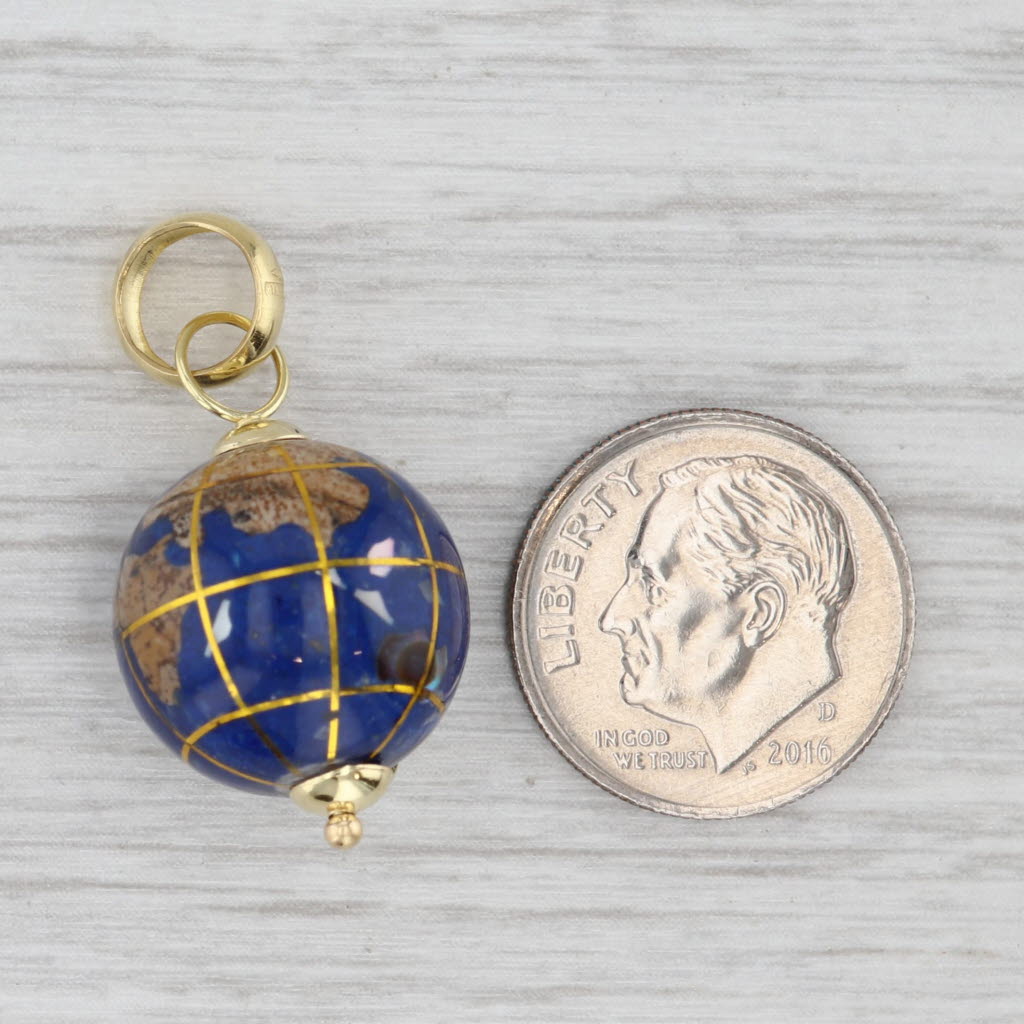 Spinning Globe Pendant 18k Yellow Gold Stone Mosaic Inlay Charm World Continents