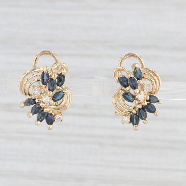 1.09ctw Blue Sapphire Diamond Cluster Earrings 14k Yellow Gold Omega Backs