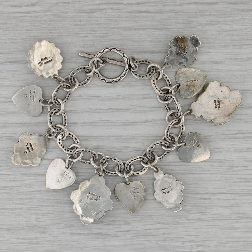 Don Lucas Multistone Hearts Flowers Charm Bracelet Sterling Silver 6.5"
