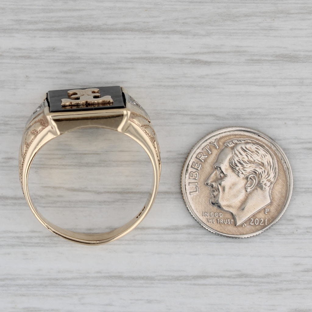 Gray Letter Initial T Onyx Diamond Signet Ring 10k Yellow Gold Ornate Men's Size 9.75