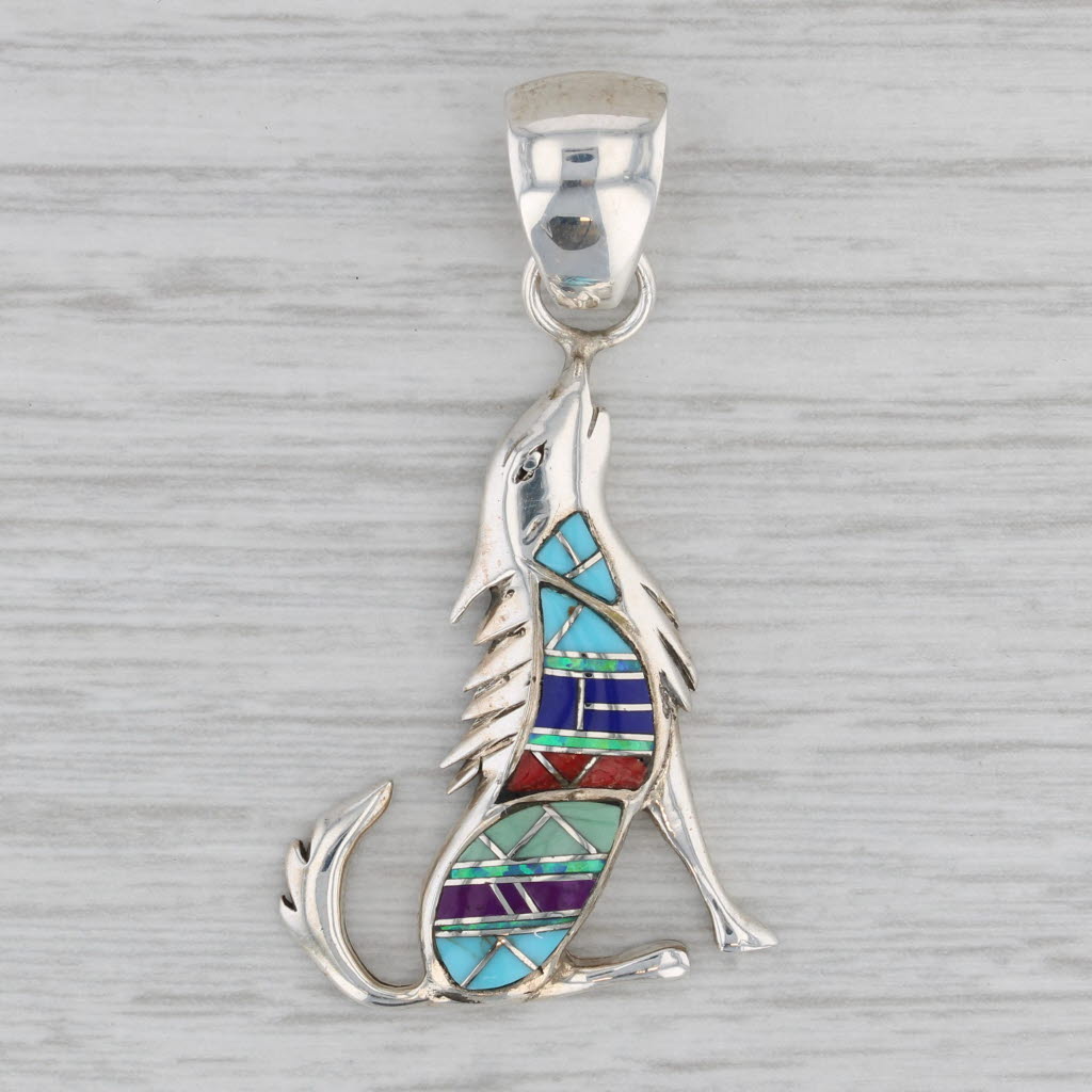 Gray Vintage Multistone Mosaic Howling Wolf Pendant Sterling Silver Southwestern