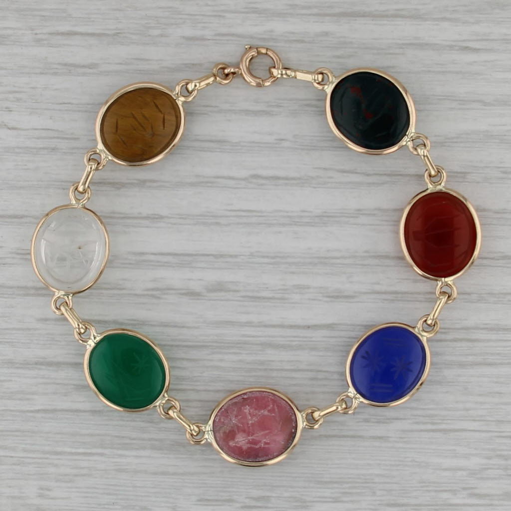 Carved Scarab Stone Bracelet 14k Gold Tiger's Eye Bloodstone Quartz Carnelian
