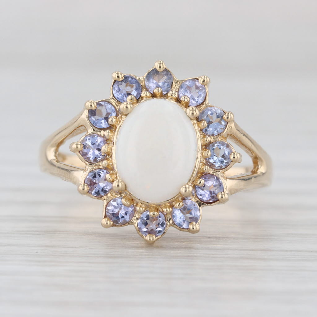 Oval Cabochon 1ctw Tanzanite Halo Ring 14k Yellow Gold Size 8.75