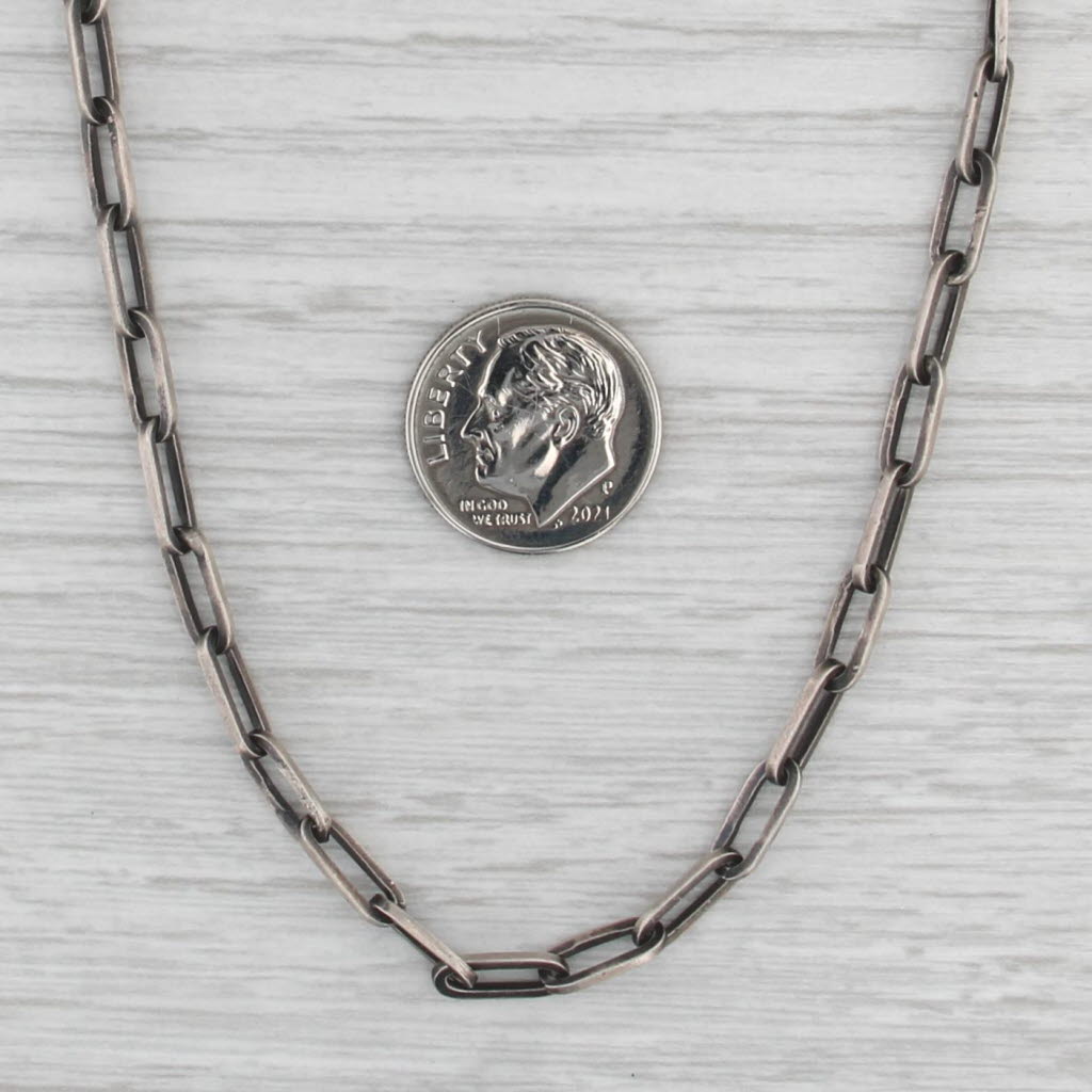 Elongated Cable Paperclip Chain Necklace Sterling Silver Antique Patina 24.25"