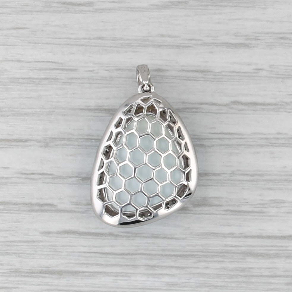 Blue Topaz Mother of Pearl Doublet Diamond Halo Pendant 14k White Gold