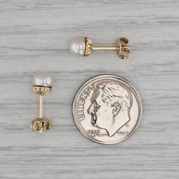 Cultured Pearl Stud Earrings 14k Yellow Gold 5.2mm Round Bead Solitaire Studs