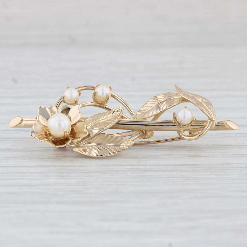 Light Gray Vintage Cultured Pearl Flower Brooch 14k Yellow Gold Floral Pin