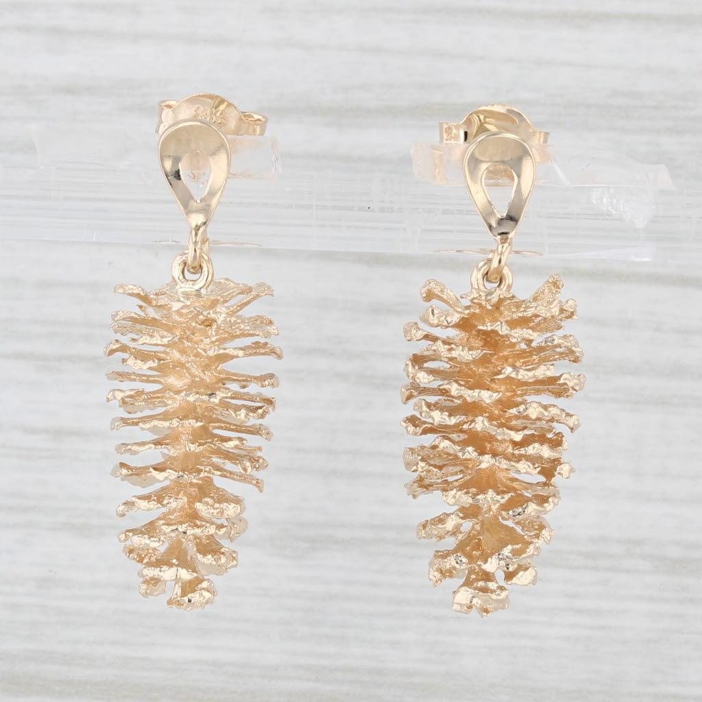 Light Gray Pine Cone Dangle Earrings 14k Yellow Gold Pierced Drops