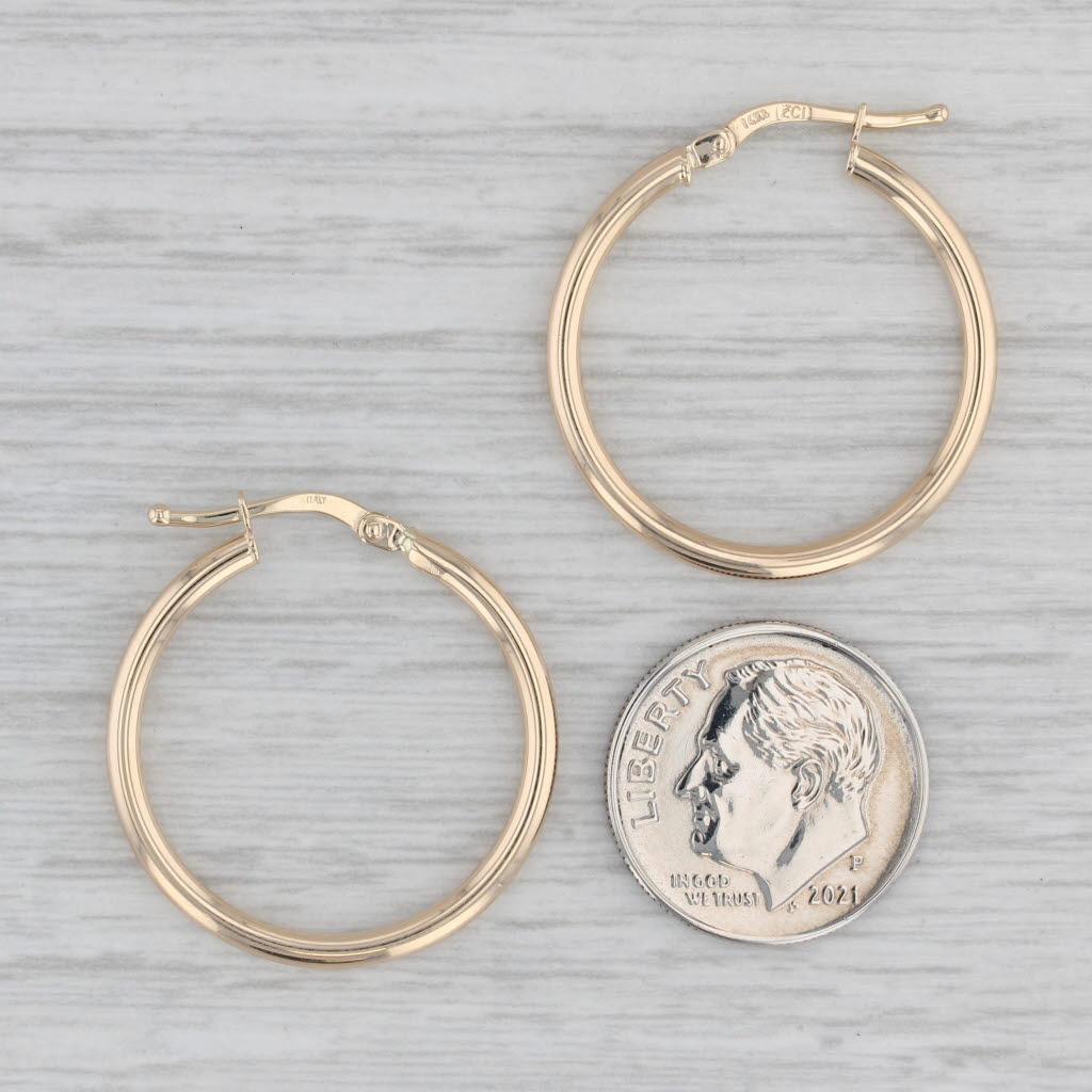 Gray New Hoop Earrings 14k Yellow Gold Round Hoops Pierced Snap Top 25 x 2mm