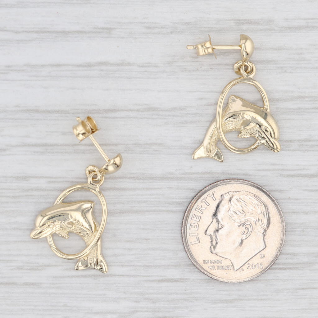 Light Gray Dolphin Jumping Through Hoop Dangle Earrings 14k Yellow Gold Pierced Drops