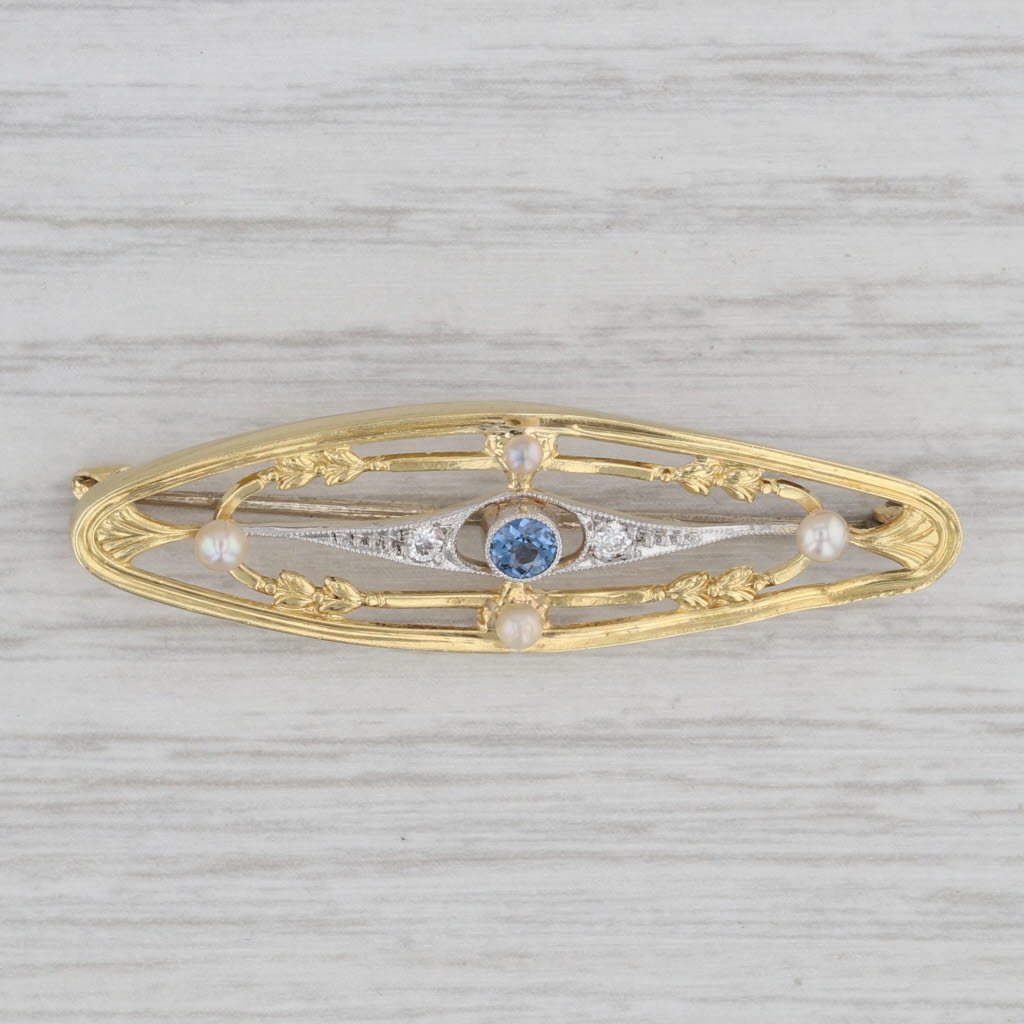 Gray Antique Blue Sapphire Seed Pearl Diamond Ornate Brooch 15k Gold Platinum Pin