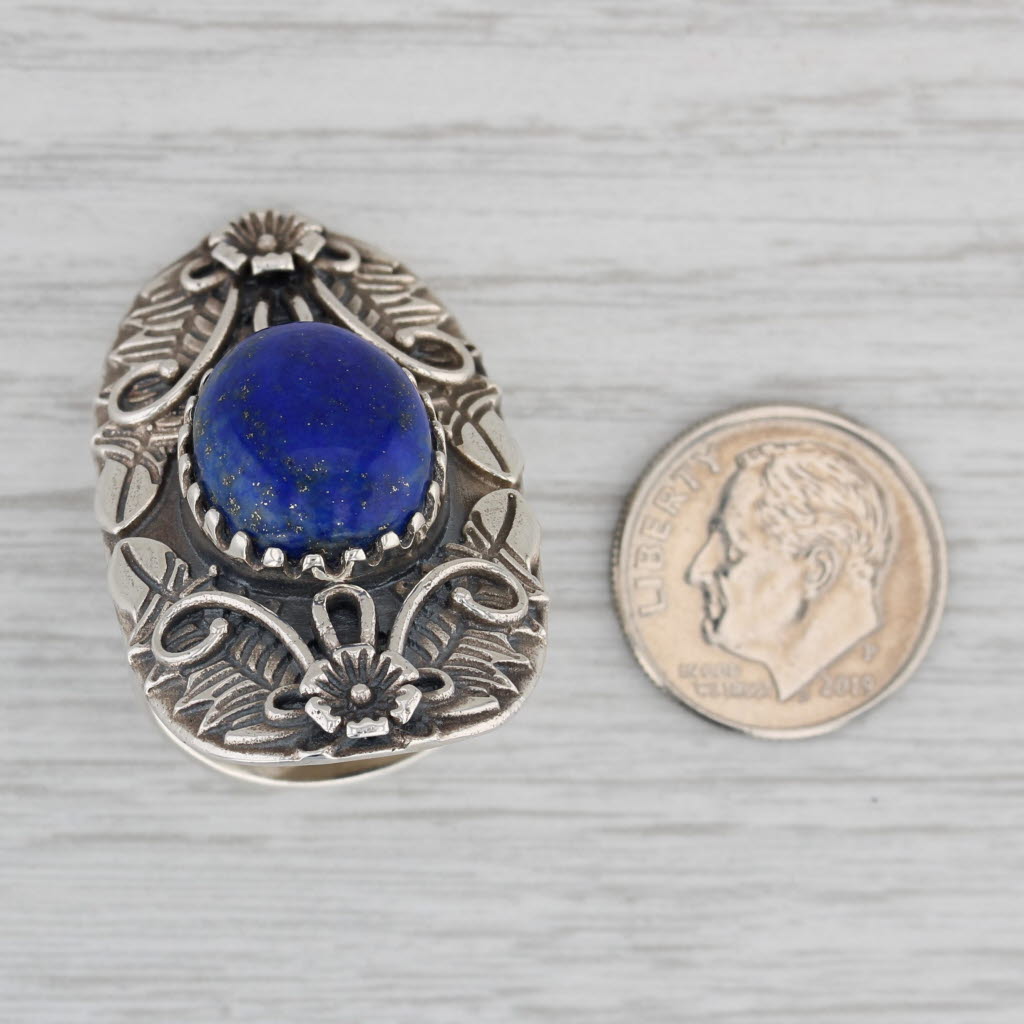 Gray Southwestern Lapis Lazuli Floral Statement Ring Sterling Silver Sz 8.25 Vintage