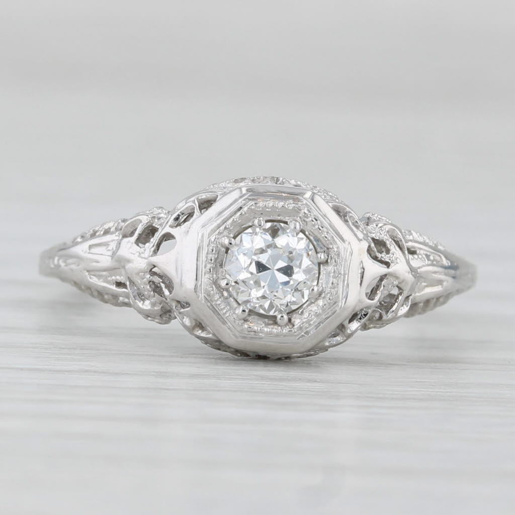 Light Gray Art Deco 0.30ct Diamond Engagement Ring Filigree 18k White Gold Size 6.25