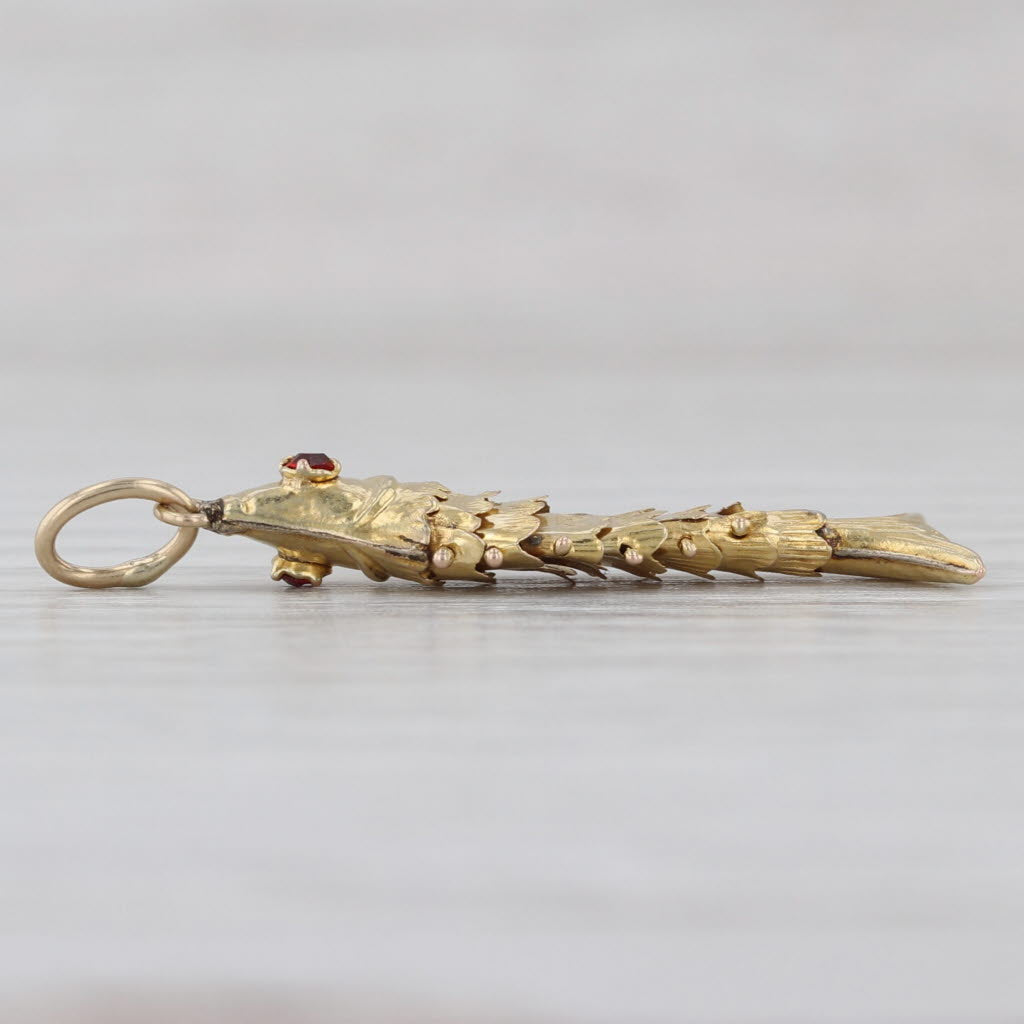 Articulating Fish Pendant 14k Yellow Gold Charm Red Glass Eye