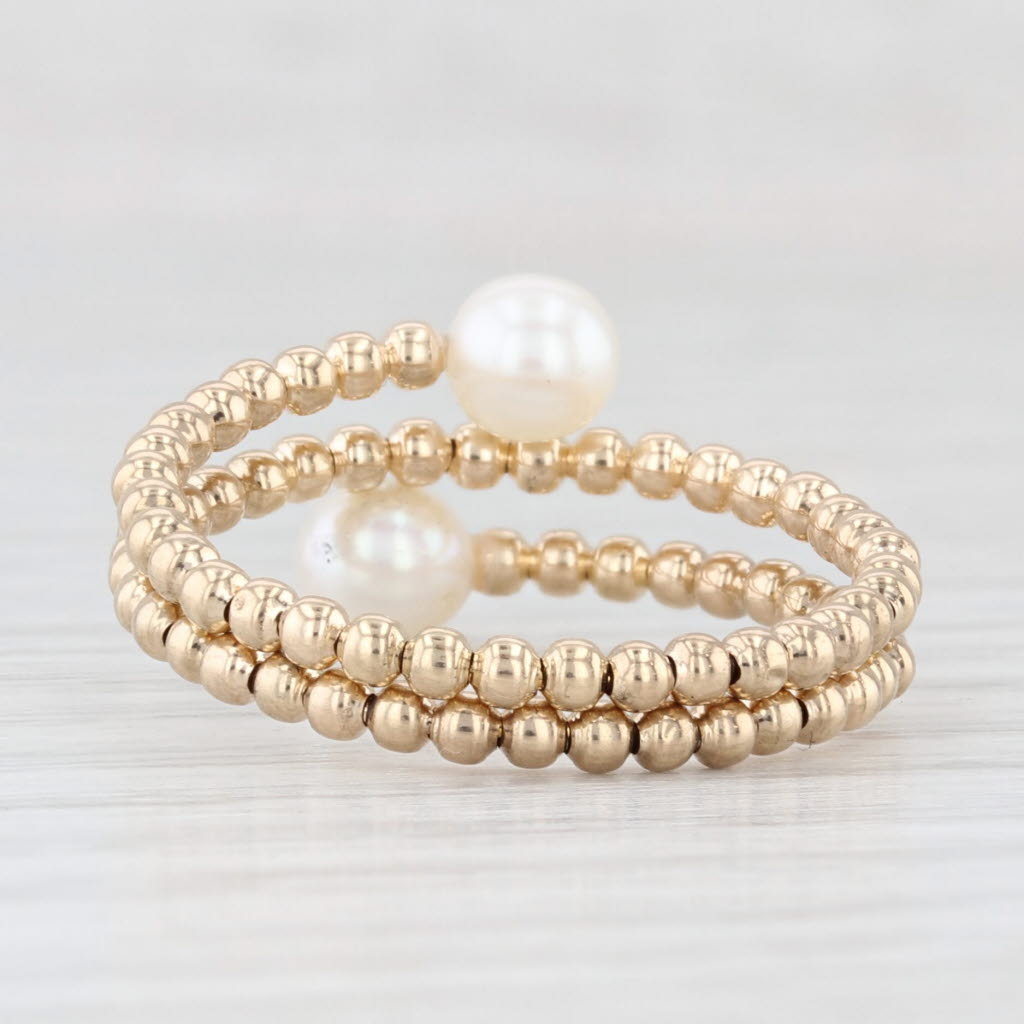 Light Gray Cultured Pearl Beaded Band Bypass Ring 14k Yellow Gold Size 8 Adjustable