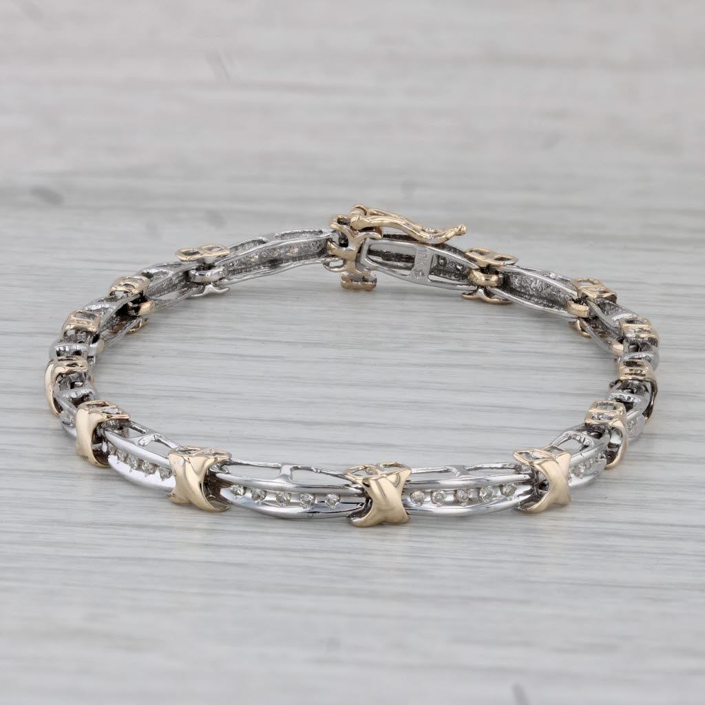 Gray 0.20ctw Diamond Bar X Link Bracelet 10k White Yellow Gold 7.25"
